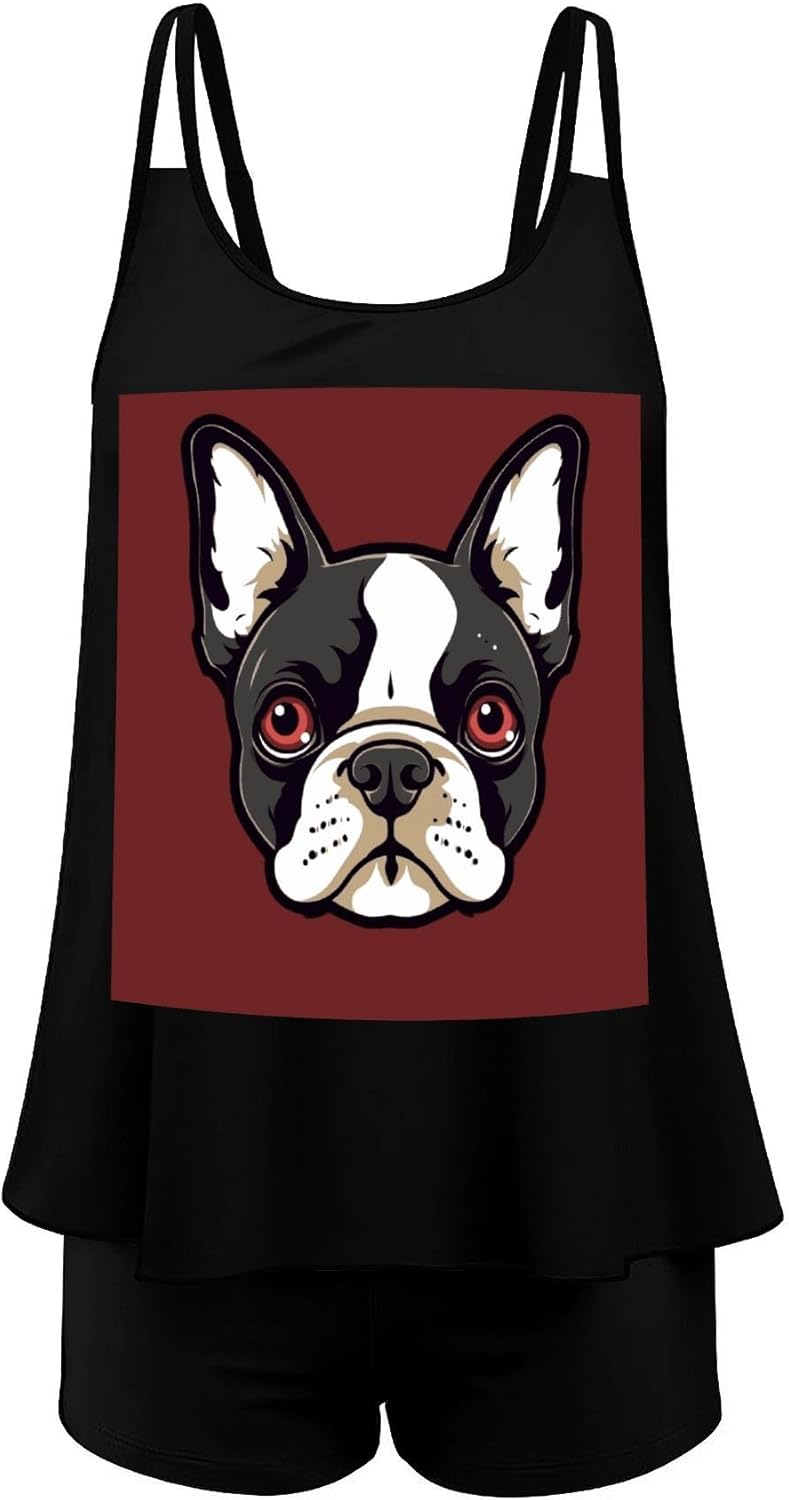 Cartoon Boston Terrier Face Tankini Swimsuits for Women Tummy Control Two Piece Bathing Suits Swim Tops with Boy Shorts Black