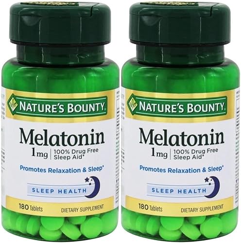 Nature's Bounty Melatonin, 100% Drug Free Sleep Aid, Dietary Supplement, Promotes Relaxation and Sleep Health, 1mg, 180 Tablets - Pack of 2 (Packaging May Vary)