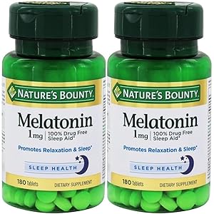 Nature’s Bounty Melatonin, 100% Drug Free Sleep Aid, Dietary Supplement, Promotes Relaxation and Sleep Health, 1mg, 180 Tablets – Pack of 2 (Packaging May Vary)