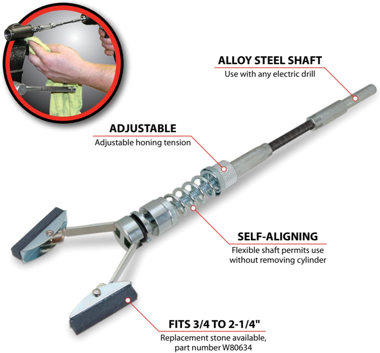 Performance Tool W196C - Flexible Shaft Cylinder Hone with Adjustable Tension and Self-Centering Feature, Fits Cylinders 11/16-Inch to 2 1/2