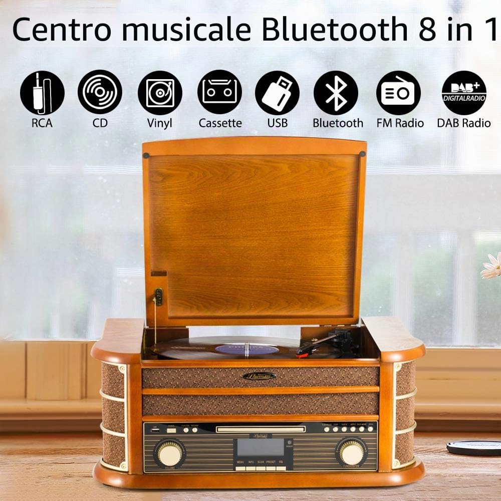 Shuman Vintage Centro Musicale Wireless 9-in-1 con Telecomando, Radio DAB Digitale/FM, Giradischi a 3 Velocità, Lettore CD/Cassetta, Riproduzione/Registrazione USB, Uscita RCA (MC-250DBT)