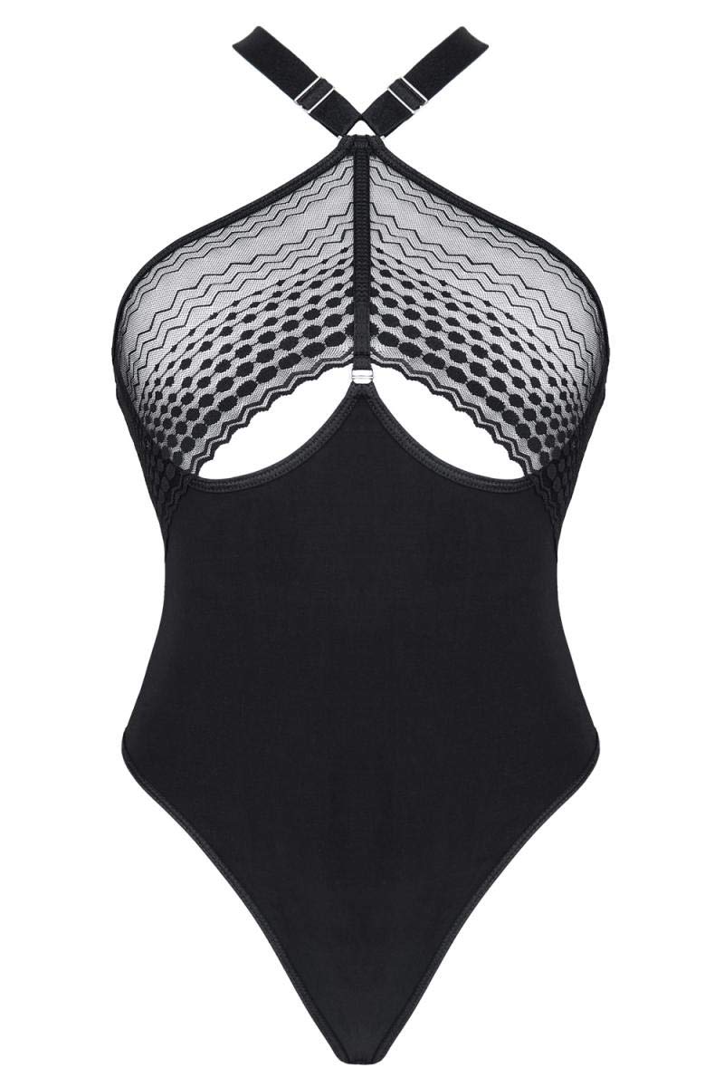 Demoniq Schwarzer Frauen Dessous String Body Blickdicht aus Netzstoff, Gummibänder und transparenter Spitze elastisch