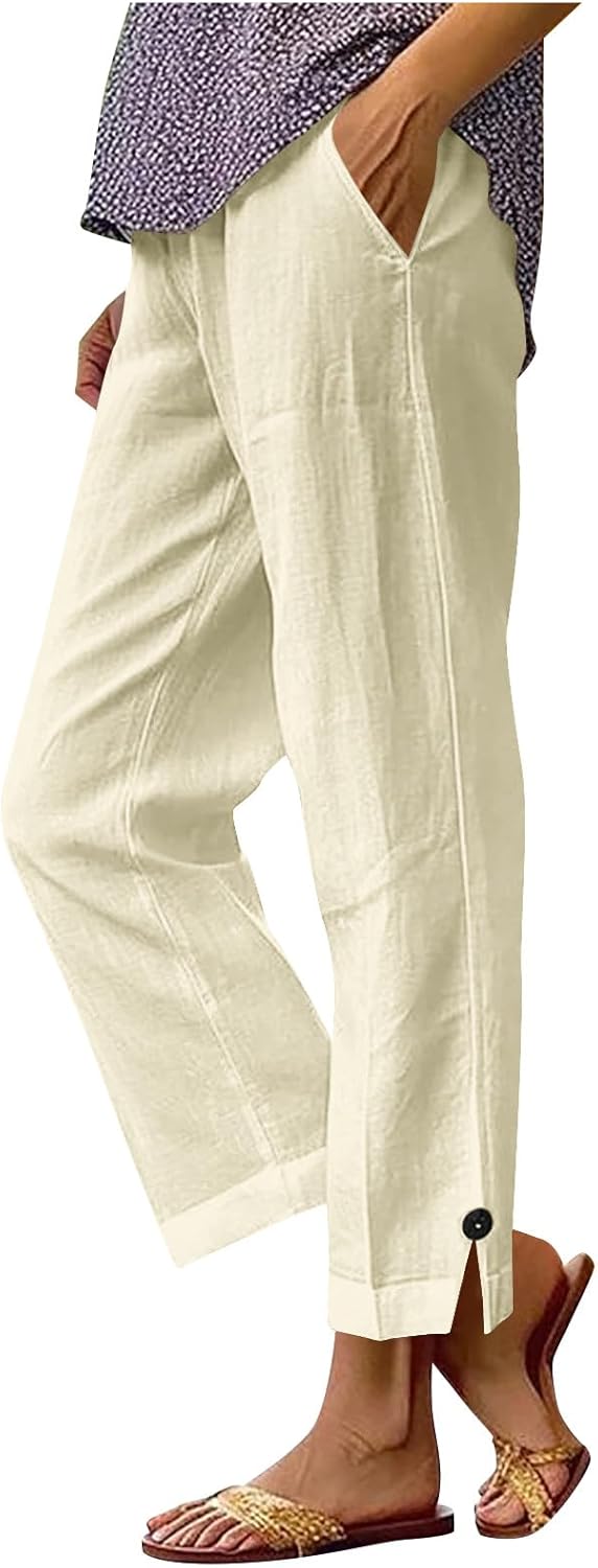 bmkBWO Linen Pants Women Petite Straight Leg Summer Cotton Linen Wide Leg Lounge Pants High Waisted Casual Plus Size Trousers