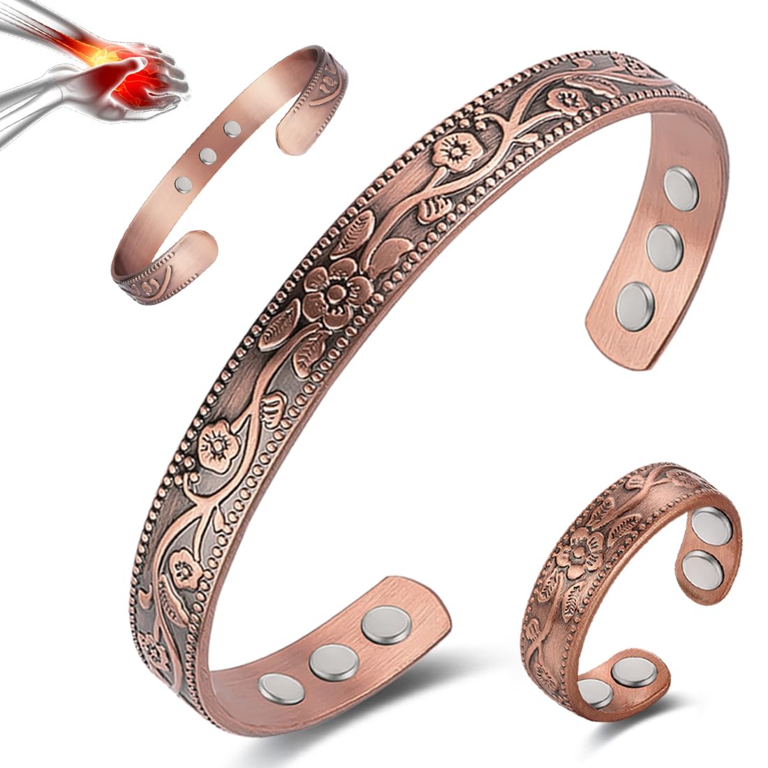 Vicmag Copper Magnetic Bracelet Ring for Women Men Arthritis Pain Relief for Carpal Tunnel 3500 Gauss Strong Magnets Therapy Bangle 100% Solid Pure Copper Jewelry Gift