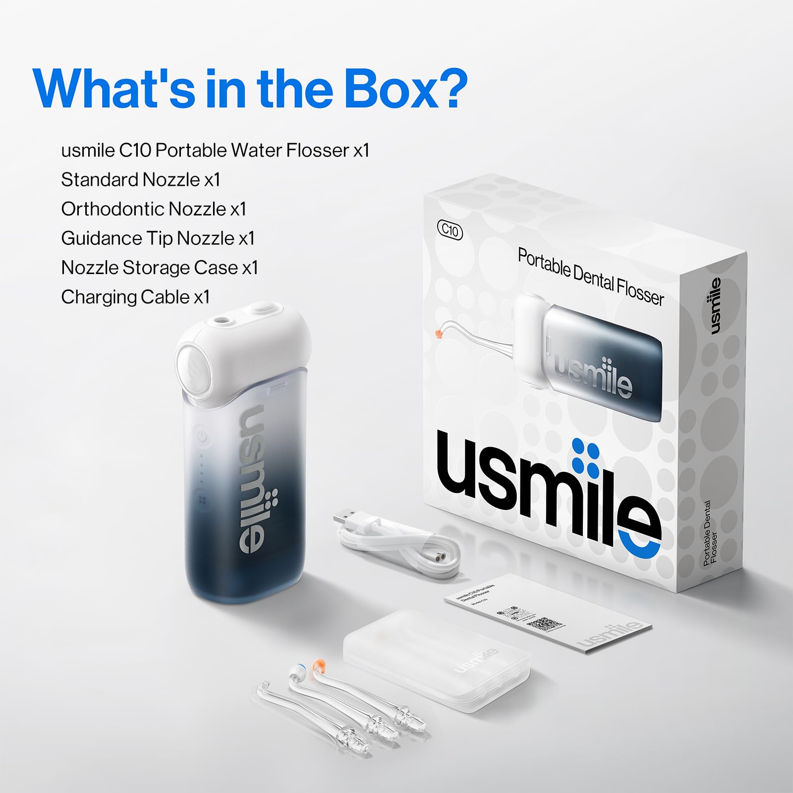 usmile C10 Portable Water Flosser – Travel-Friendly, 95-Day Battery, 4 Modes, 360° Nozzle, 180ml Tank, IPX7 Waterproof, Dentist-Recommended for Braces, Implants & Sensitive Gums (): Black