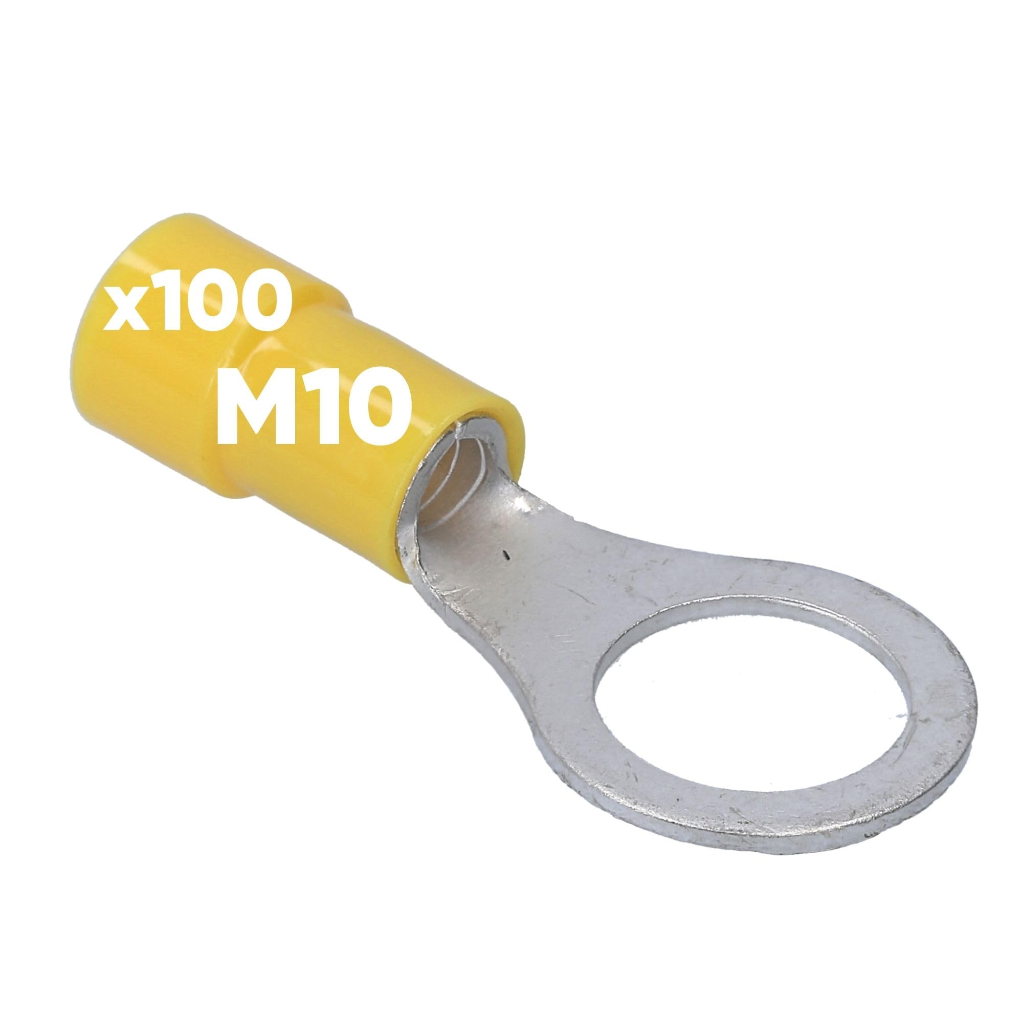 Kalitec 100x Terminales de Cable de Anillo M10 Amarillos, 4-6 mm² Aislados | Terminales de cobre con cuello de PVC para crimpado seguro en coches y hogar. Conectores de compresión resistentes.