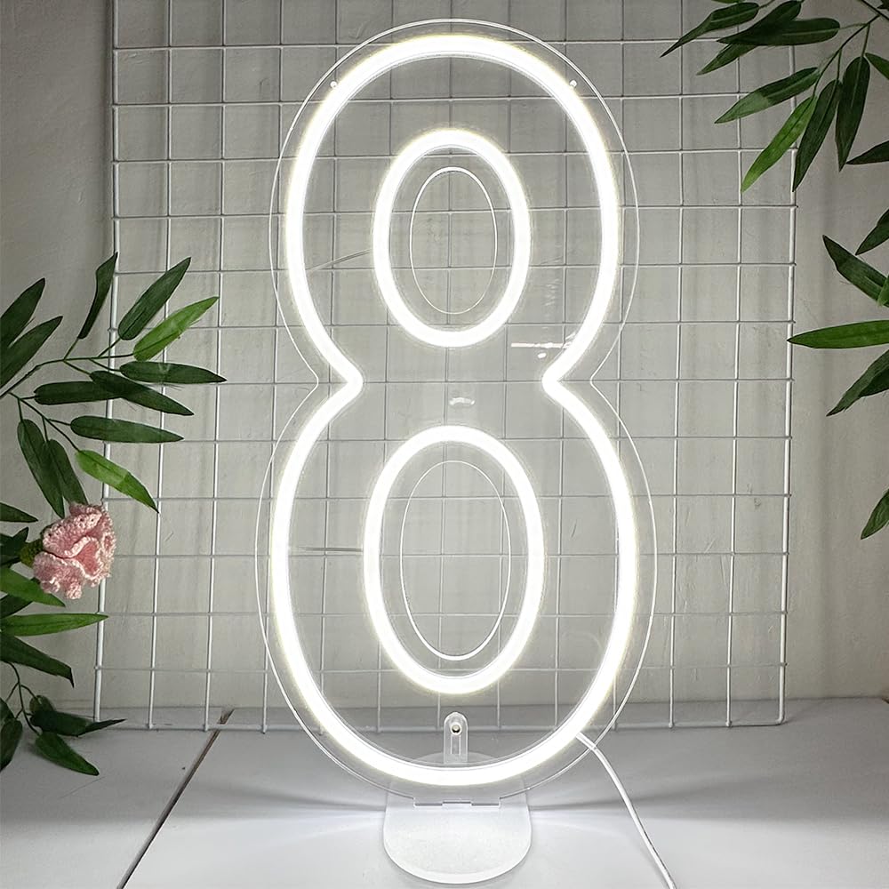Targa LED al neon con numero 8, 50,8 cm, dimmerabile, luci bianche per feste di compleanno, montaggio a parete, alimentazione USB, 50,8 cm, numero 8