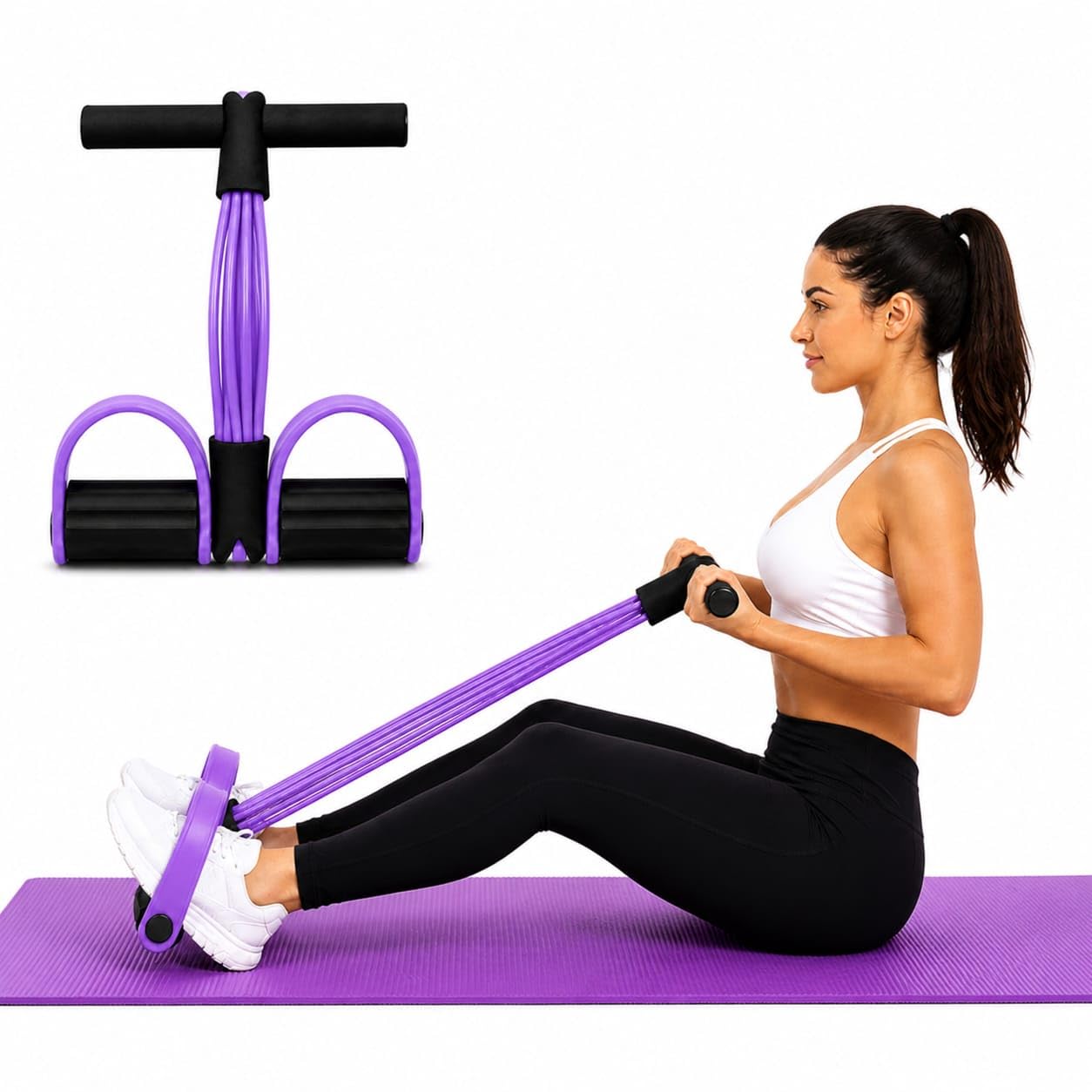 Pedal Resistance Bands with Handle, 6 Tube Sit Up Pull Rope Exercise Bands for Home Workout, Fitness Resistance Band with Foot Pedals for Abs, Legs, Pilates, Yoga & Full Body Training (Purple-Black)