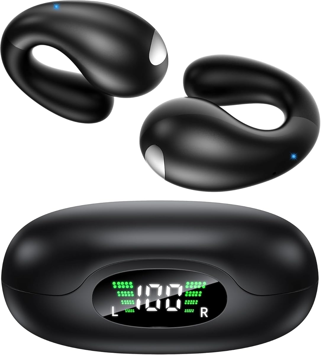 Open Ear Earbuds Wireless Bluetooth 5.3 Earphones, Flexible Clip On Ear buds with 36H Playtime LED Display Bone Conduction Headphones, IPX7 Waterproof Light Weight Fit for Every Ear, Sport, Workout