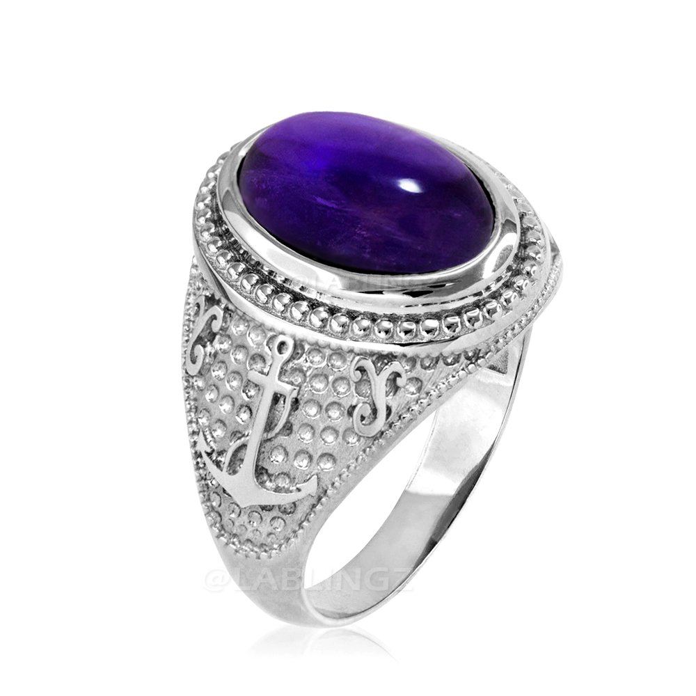 Sterling Silver Marine Anchor Purple Amethyst Febuary Birthstone Ring