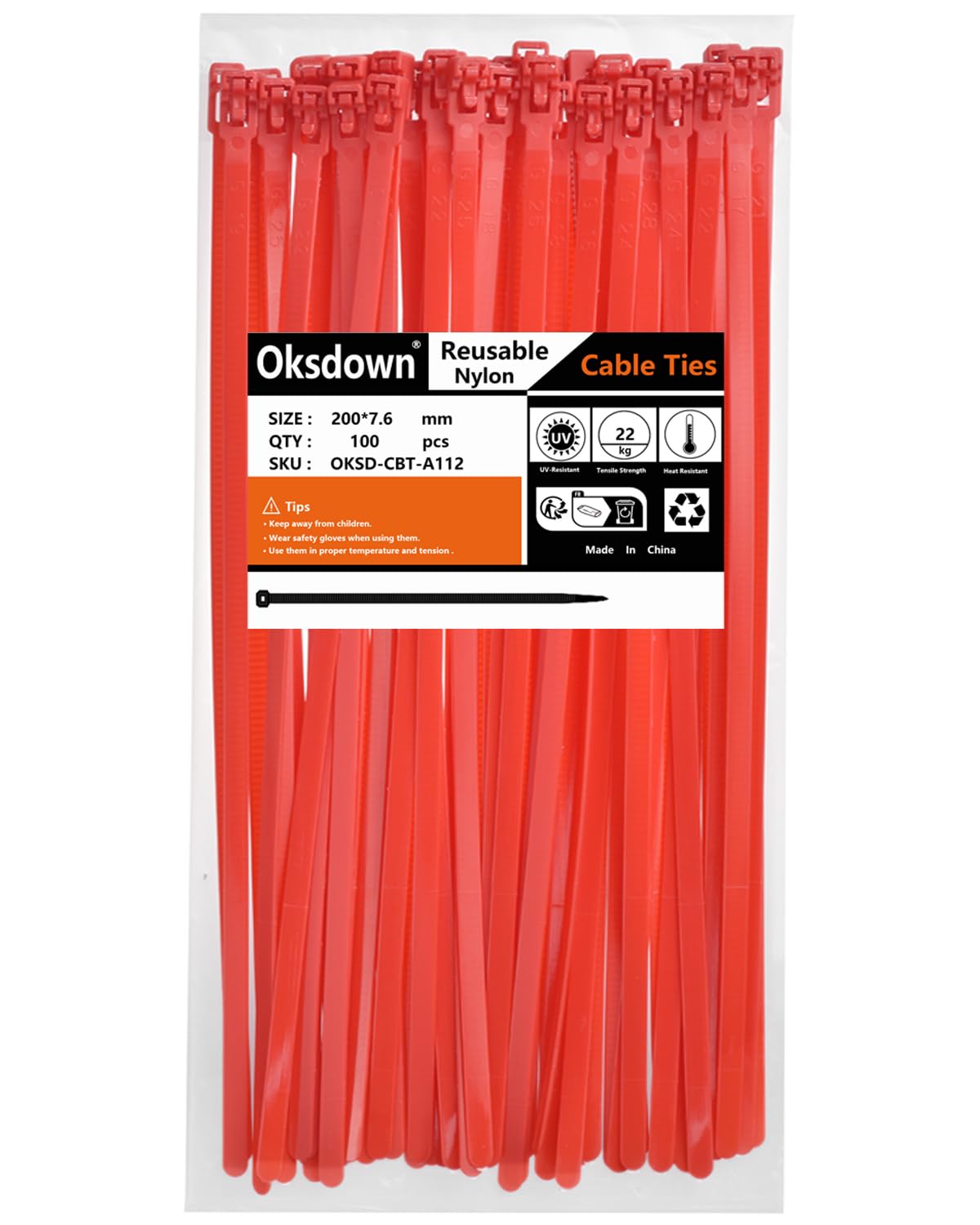Oksdown Collier De Serrage Nylon Réutilisable 200x7.6mm - Lot De 100 - Pour Câbles, Bricolage, Jardin