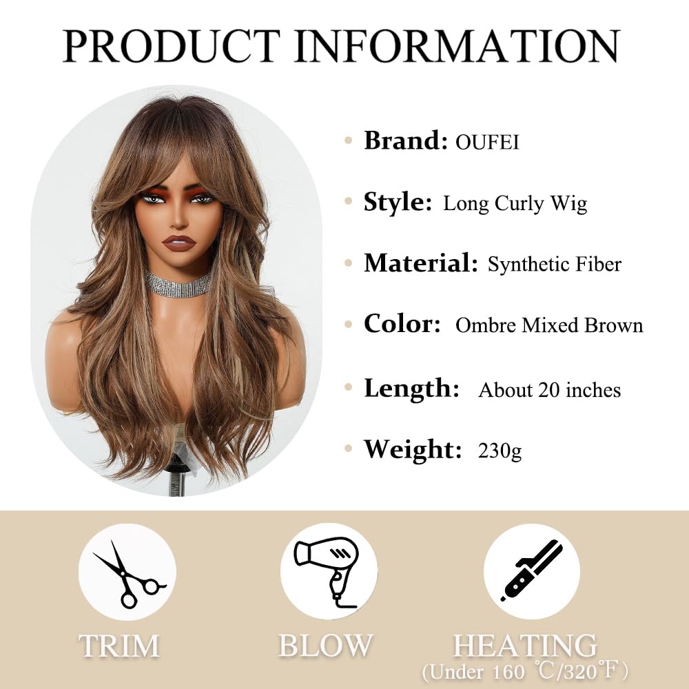 Longue Perruque mixte Brune avec Franges Perruques Ondulées Naturelles pour Femmes Cheveux Synthétiques Naturels Perruques Résistantes à La Chaleur pour La Fête Quotidienne Cosplay Wear