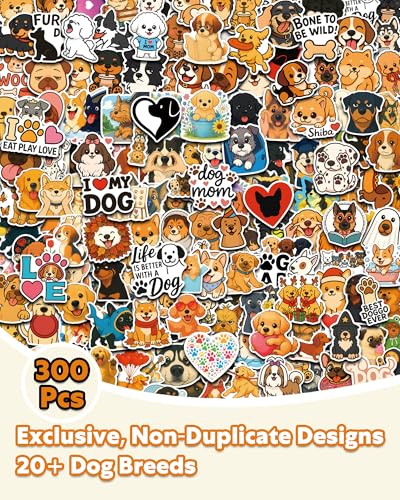 AOWDIAO 300 Pcs Cute Dog Stickers – Waterproof Glossy Vinyl – 20+ Puppy Breeds – Fun for Kids & Adults, Ideal for Water Bottles, Scrapbooking & Gifts