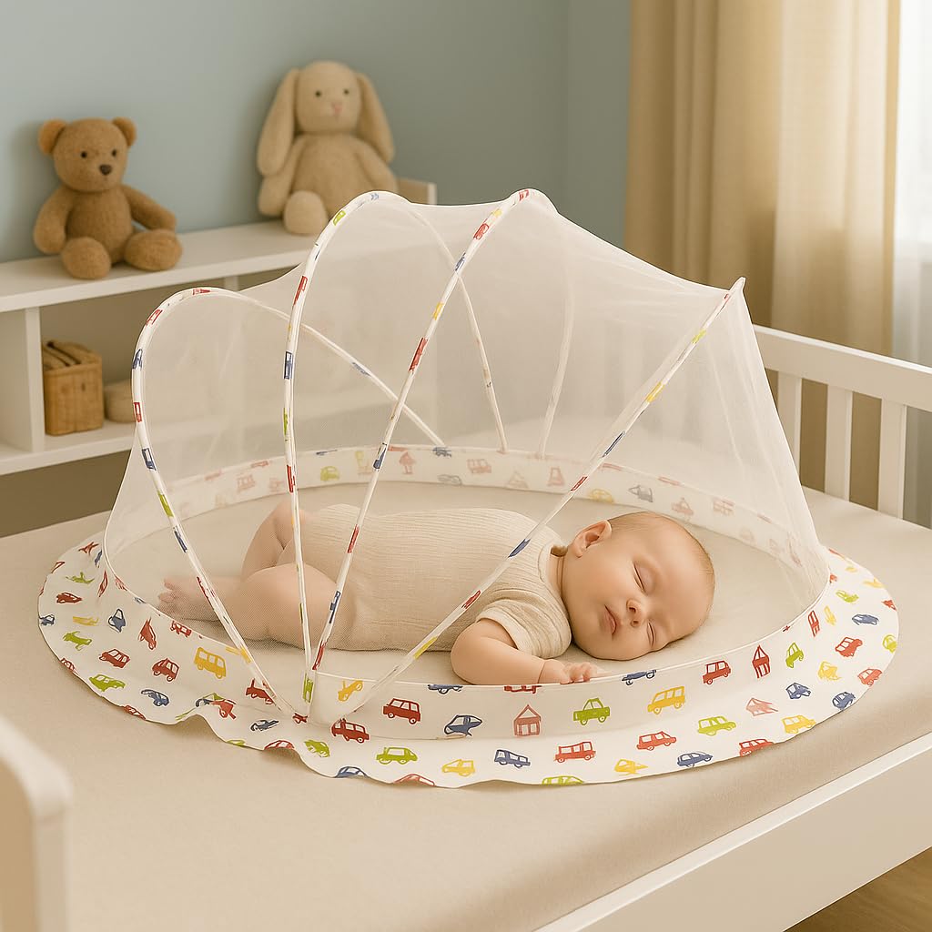 Kidsmate Foldable Baby Mosquito Net | Lightweight Bottomless Net for Infant Bed | Premium Mesh Protection for New Born Baby 0-24 Months | Safe & Breathable with Lightweight Steel Wire Frame - Pink-image-33