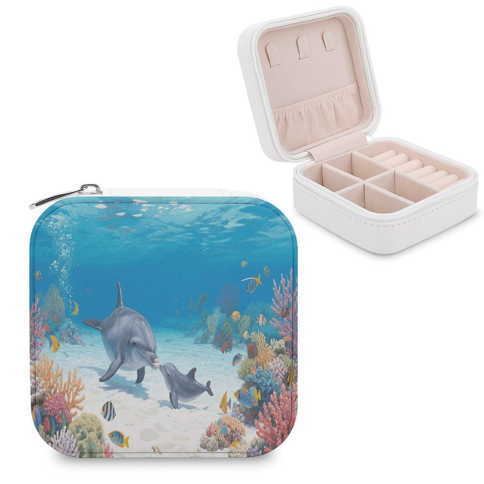 VstaDank Dolphin Jewelry Organizer Travel Case for Women With Zipper Mini Jewelry Case PU Leather Jewelrys Box for Rings Necklaces Bracelets Earring Holder Organizer Storage