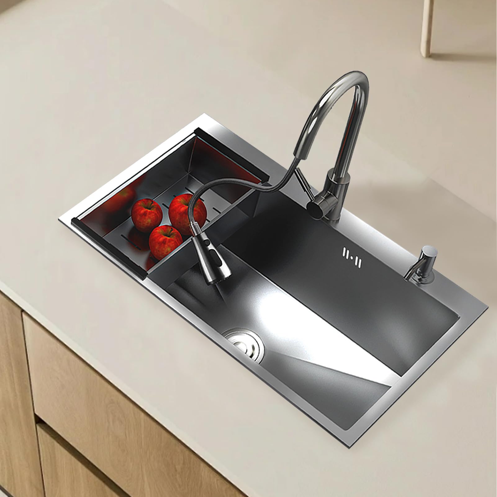 ZQFHSX 80x50cm Black Single Bowl Kitchen Sink with Drainboard & Soap Dispenser Modern Design Includes Siphon Overflow Drain Perfect for Contemporary Kitchens (QHS)