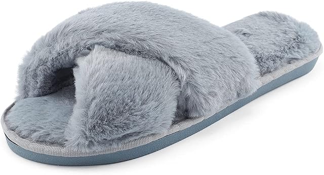 MASOCIO Womens Fluffy Sliders Ladies Faux Fur Cosy House Slippers Open Toe Memory Foam Rubber Sole Flat Slippers