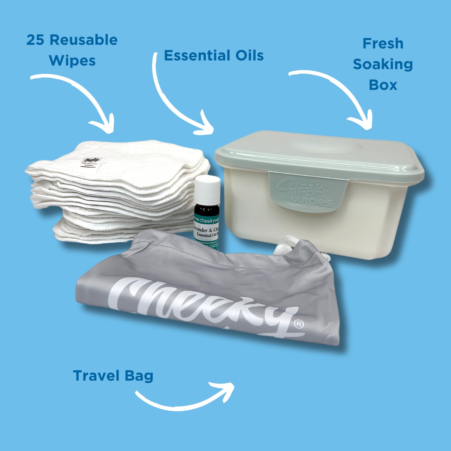 Cheeky Wipes Reusable Mini Baby Wipe Kit for Cloth Nappy Users | Contains Wipes, Nappy Oil and Storage Box (Grey White)