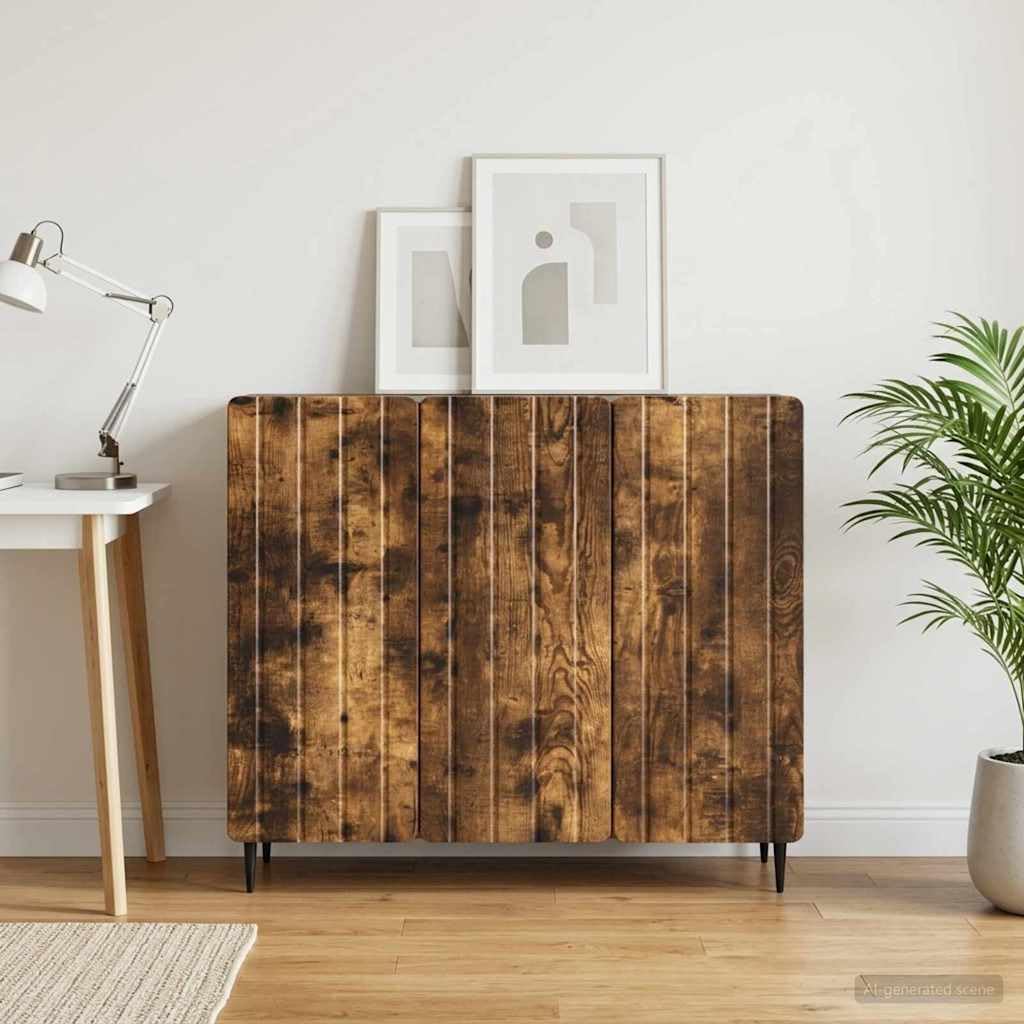 Kredens dąb wędzony 89 x 34,5 x 82 cm, materiał drewnopochodny z 3 drzwiami obrotowymi, schowkiem, regałem, półką, idealna do salonu, jadalni, kuchni, korytarza, biura i przedpokoju