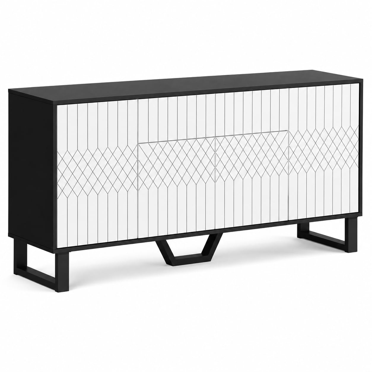 Aparador Blanco-Negro 160cm con Frente Geométrico – Cómoda con Cajón Push-to-Open, 4 Puertas & Pata en V Metálica, 50kg – Bufet para Salón & Comedor, 160×78×40cm