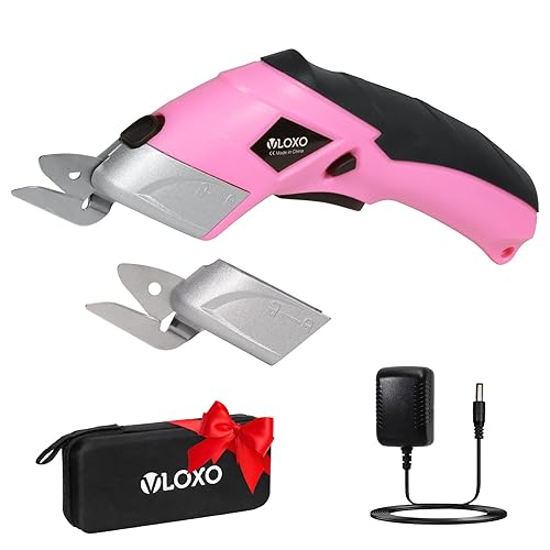 VLOXO Cordless Electric Scissors Cardboard Cutter with 2 Type Blades Rechargeable Powerful Shears Cutting Tool for Fabric Electric Box Cutter Leather Felt with Charger & Storage Box-Pink - Pink