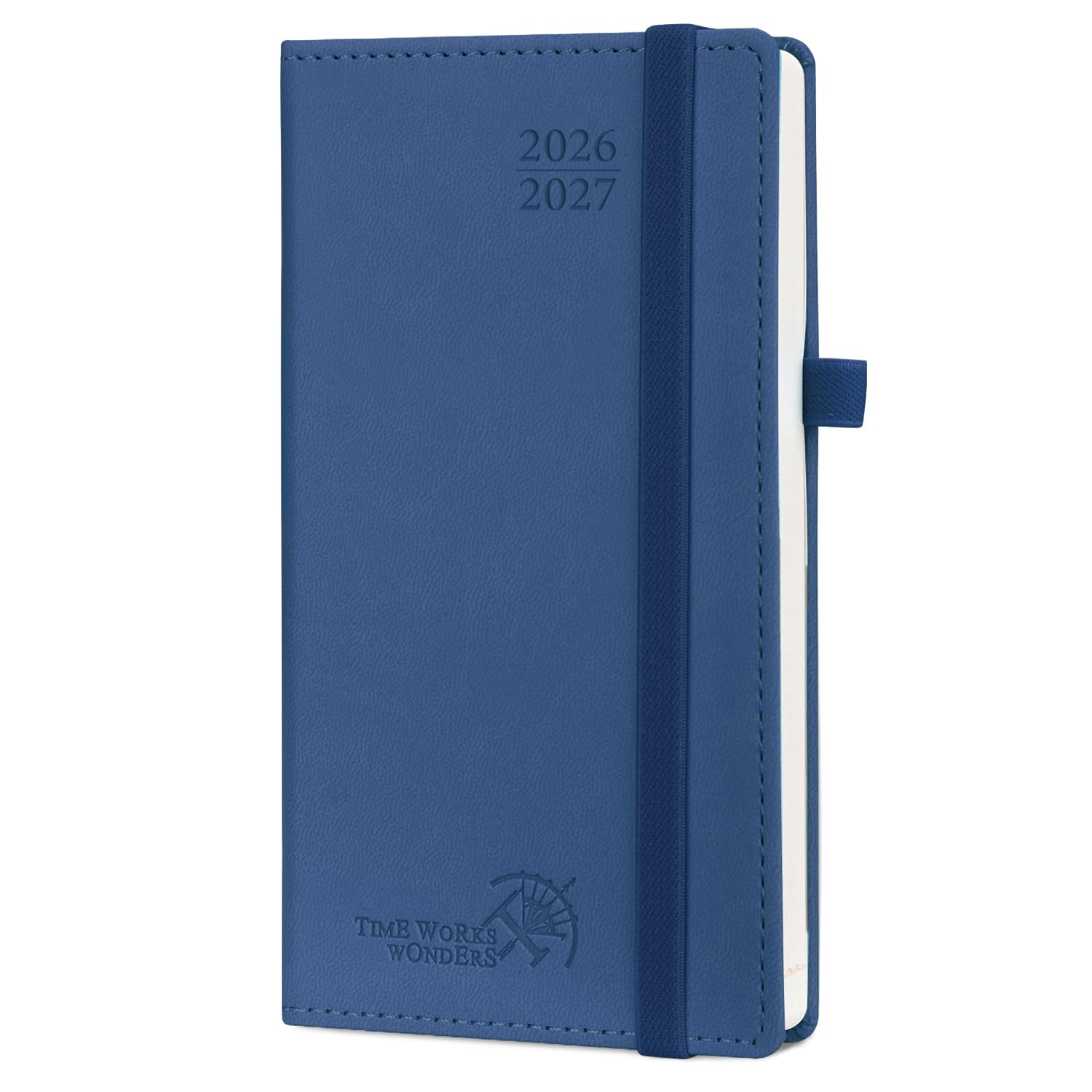 POPRUN 2026-2027 Academic Pocket Diary Week to View Slim (16.5x9 cm) 17 Months (Aug'26 - Dec'27) Small PU Leather Cover 26/27 Mid Year Weekly Planner for Bag(Navy blue)