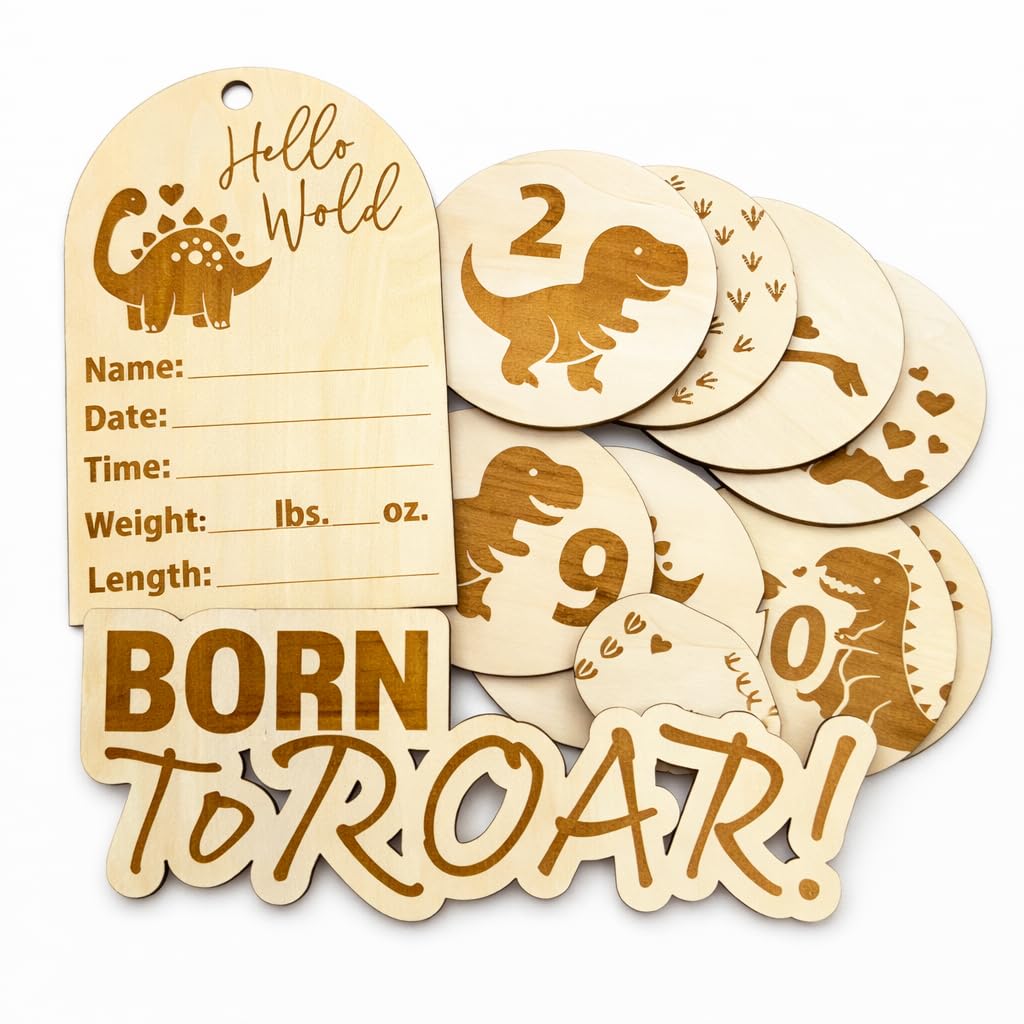 - SM Design Baby Milestone Markers Set of 12 + Birth Announcement Sign | Monthly Baby Photo Props | First Year Milestones | Nursery Wall Decor | Hobby Theme (Dino)