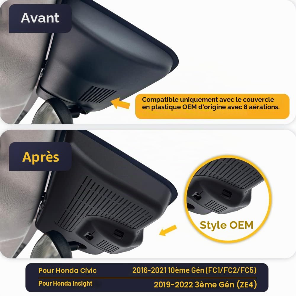 Fitcamx Dashcam Compatible avec Honda Civic 2016-2021 Sport LX EX Touring Si & Insight 2019-2022 (HD2-0323), Caméra de Voiture 4K OEM WiFi 2160P, G-Senseur, Enregistrement en Boucle, WDR, Carte 64 Go