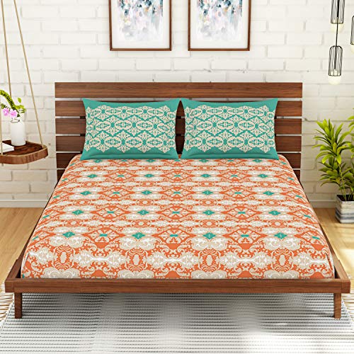 Image of Spaces Atrium Plus 210 TC 100% Cotton King Size Fitted Double Bedsheet with 2 Pillow Covers (Ornate, 72 inch X 78 inch Inches ) - Peach