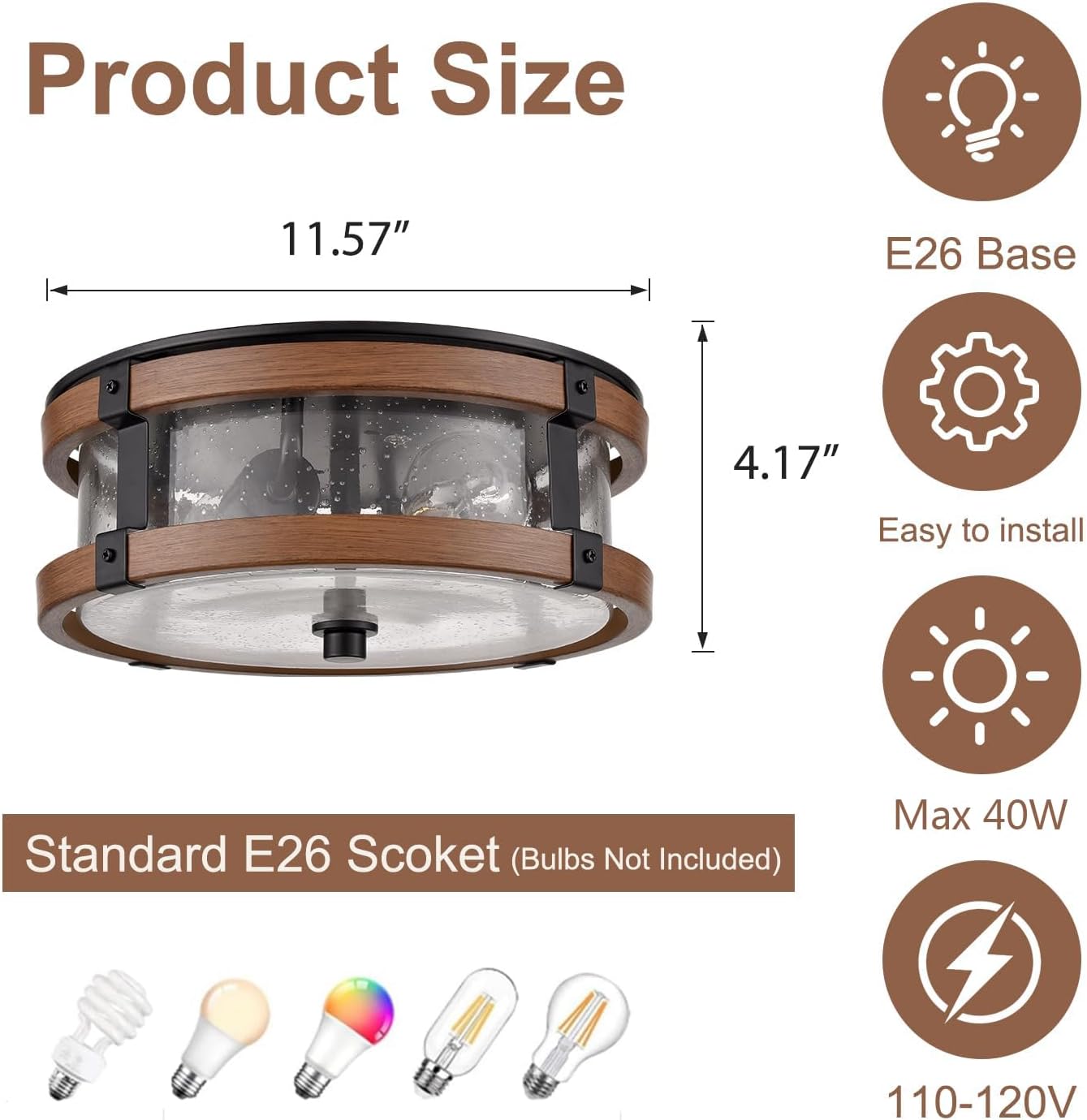 Farmhouse Ceiling Light Fixture 2-Light Hallway Ceiling Light in Black & Rustic Wood Grain Finish with Clear Seeded Glass Shade