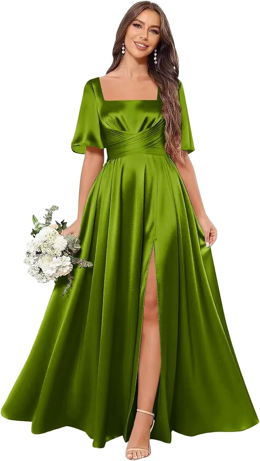 Fu Jiang Square Neck Satin Bridesmaid Dresses with Slit Sleeves Long Formal Evening Dress for Women with Pockets