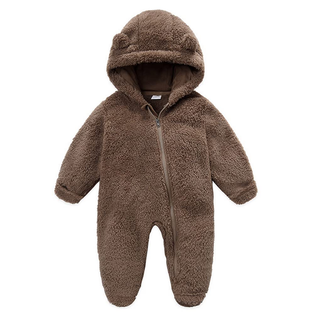 DINGDONG'S CLOSET Newborn Baby Boys Girls Winter Fleece Footie Snowsuit Bunting Onesie Hooded Romper Jumpsuit Outfits(Brown, 9-12M)