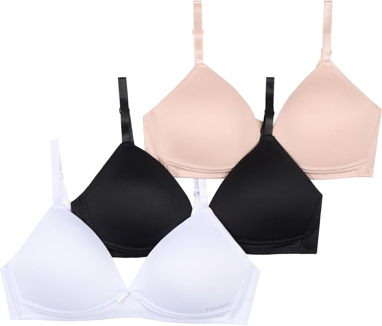 Tahari Girls 3-Pack Molded Wireless Bras Nude, Black, White, 30A