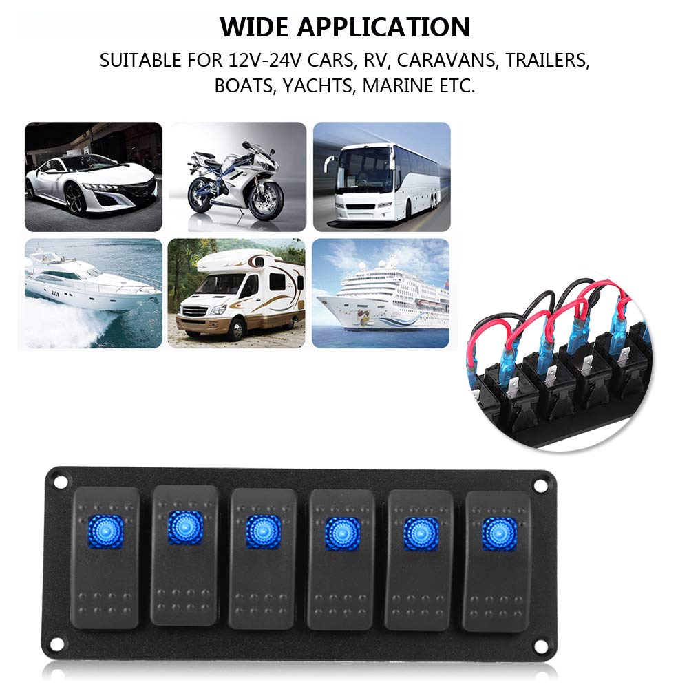 6 Gang LED Switch Panel,12-24V 6 Gang Rocker Switch Panel for Car RV Boat Yacht Marine(Blue LED)