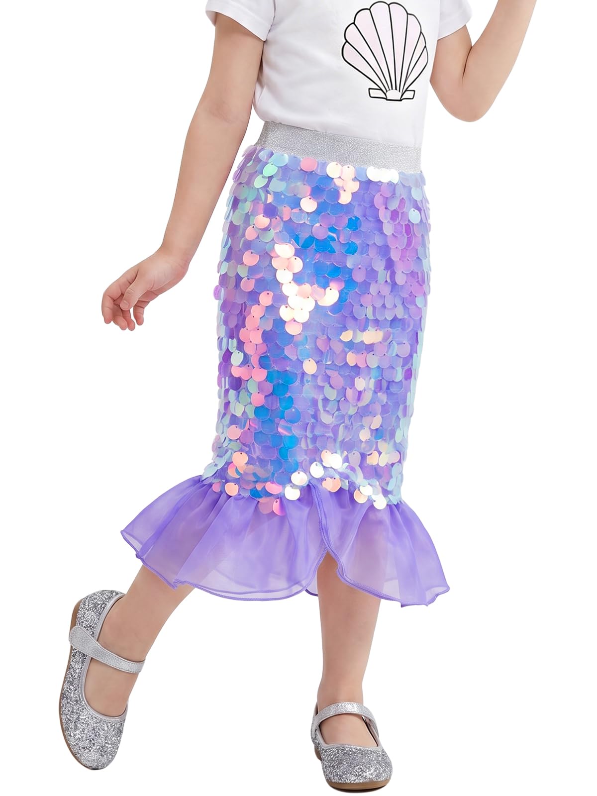 Miipat Jupe Fille Paillettes Enfant Jupes Sirène avec Doublure Taille Élastique Glitter Jupe Queue de Sirène pour Petite Fille Anniversaire Fête Plage