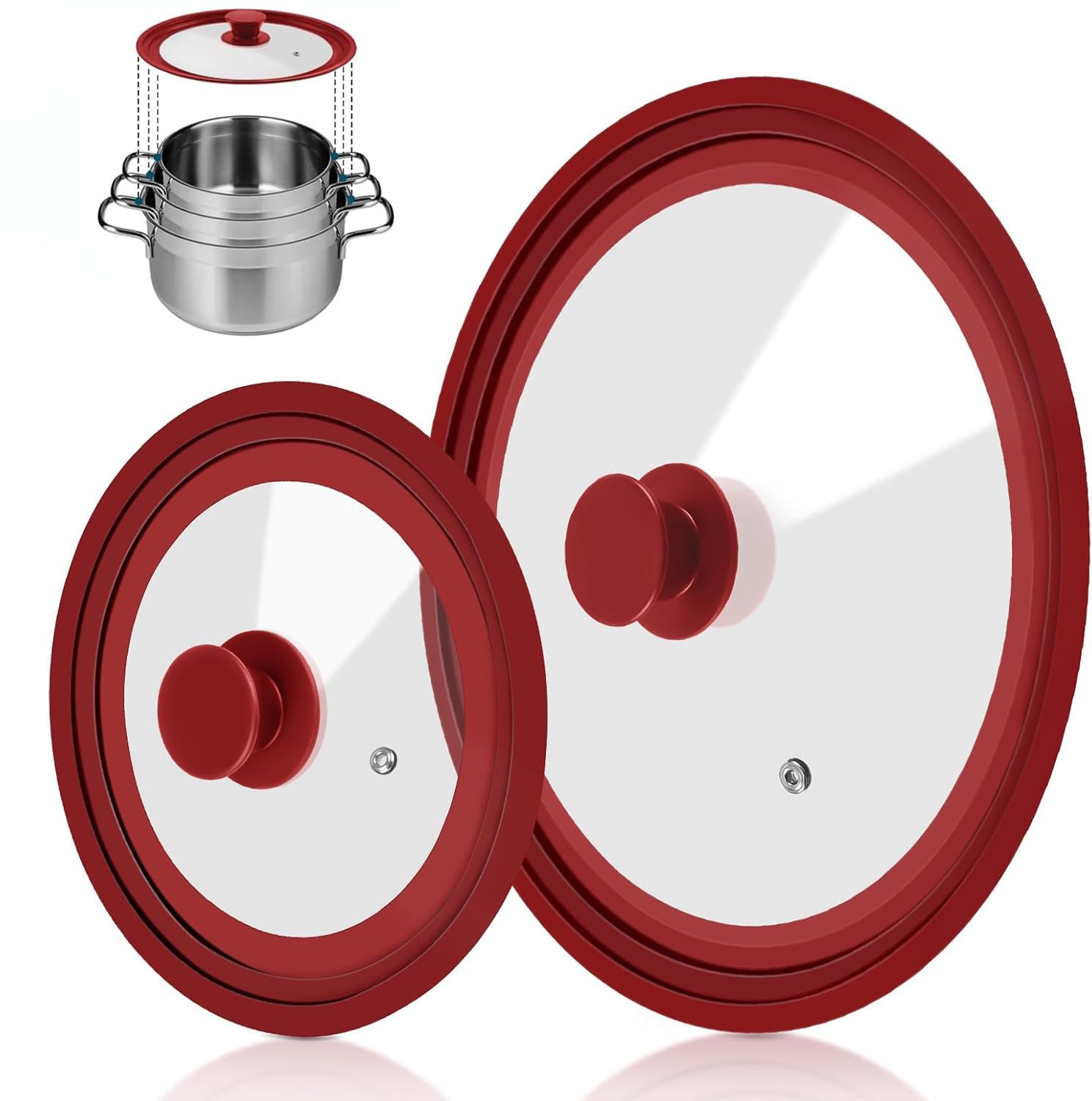 2 Pack Universal Lid for Pots Pans, Anti-scalding Pot Lid, Pan Cover Fit 7", 8", 9" & 10", 11", 12" Diameter Cookware, Replacement Pans Lid with Tempered Glass and Heat Resistant Silicone Rim (Red)