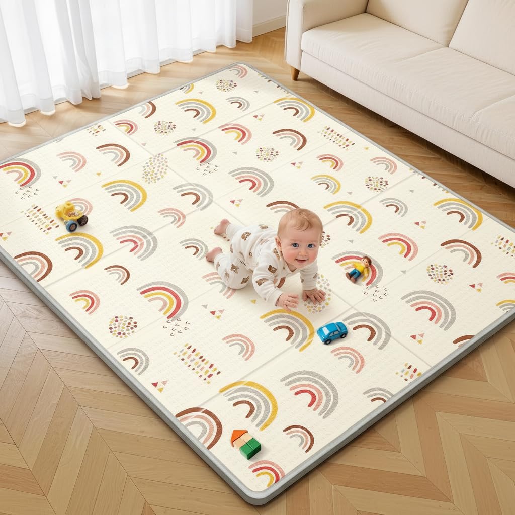 Baby Play Mat for Floor, Extra Large Play Mat for Baby, 79 x71" Memory Foam 0.8" Thick Crawling for Babies,Toddlers Infants, Reversible Baby Play Mat,Foldable Foam Floor Mat for Tummy Time Beige-toned rainbow 79 X 71 X 0.8