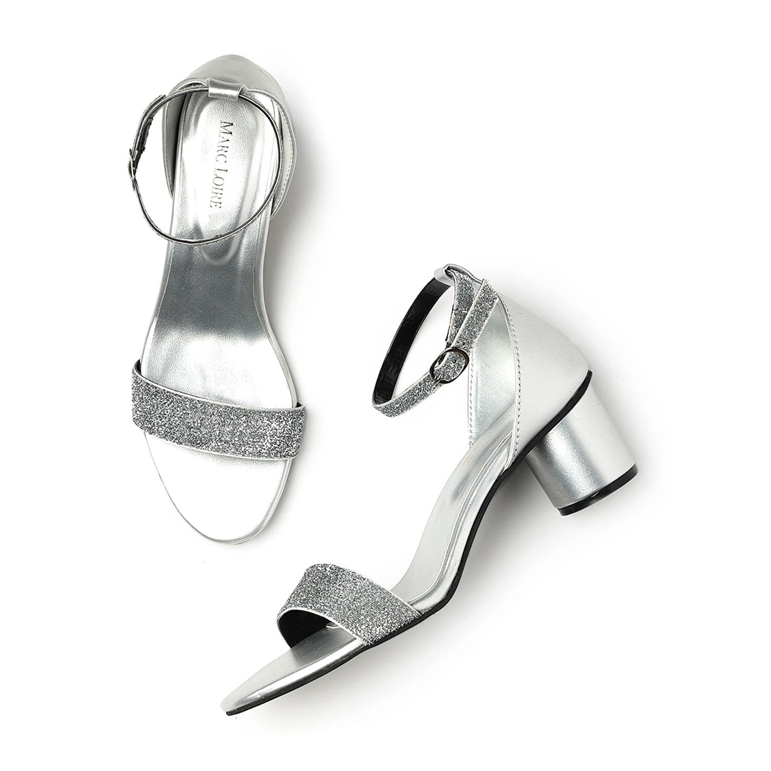 Marc Loire Women’s Open Toe Shimmer Block Heel Fashion Sandals With Buckled Ankle Strap (Silver, numeric_4) (B0C3MHSKQ6) Amazon Price History, Amazon Price Tracker