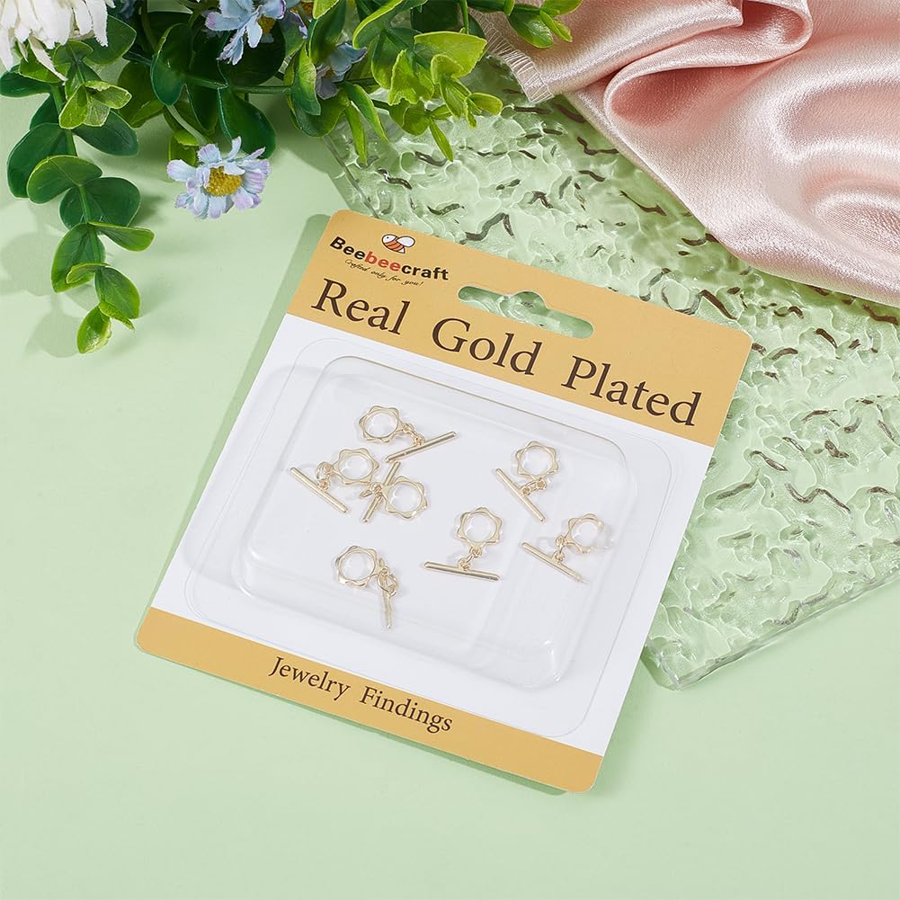 Beebeecraft 1 Box 10Pcs Toggle Clasps T-bar Closure Connectors Real 18K Gold Plated Flower Shape OT Toggle Necklace Fastener Clasp Buckle Link Findings for Jewelry Making Pendants Bracelets