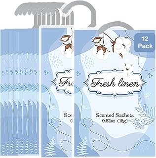 12 Packs Fresh Linen Hanging Scented Sachets for Drawers and Closets with Retractable Hook| Long-Lasting Closet Air Freshener & Closet Deodorizer | Closet Scent Freshener (Fresh Linen)