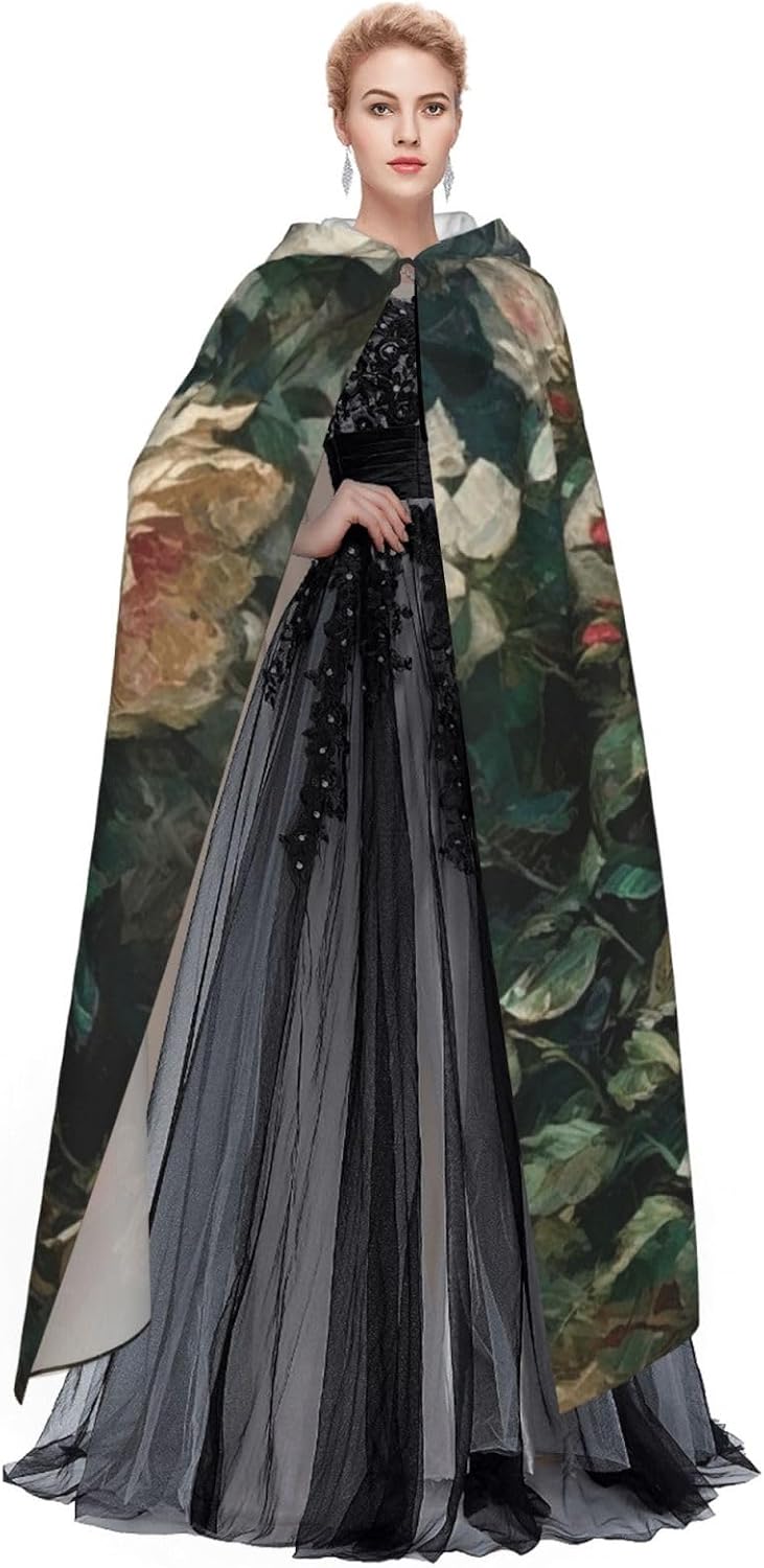 Roses Print Hooded Cloak Full Length Hooded Robe Witch Cape Halloween Cosplay Costumes for Women Men