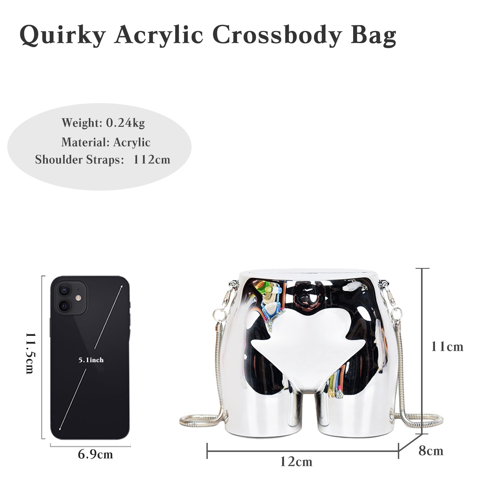 Mini Abendtasche für Frauen Neuheit Hip Shaped Clutch Tasche Acryl Schultertasche Hochzeit Brautbörse Handtasche Kette Umhängetasche Damen Klein Tasche Silber