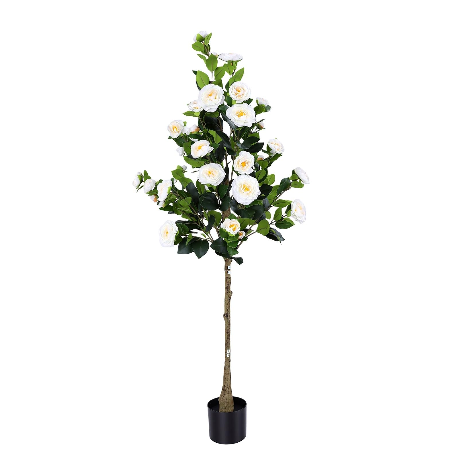 Zerodis Künstlicher Kamelienbaum, Künstliche Kamelienpflanze mit Blühenden Weißen Blüten, Lebensechter Stamm für Drinnen und Draußen, Zuhause, Büro, Wohnzimmer, Dekoration (180cm)