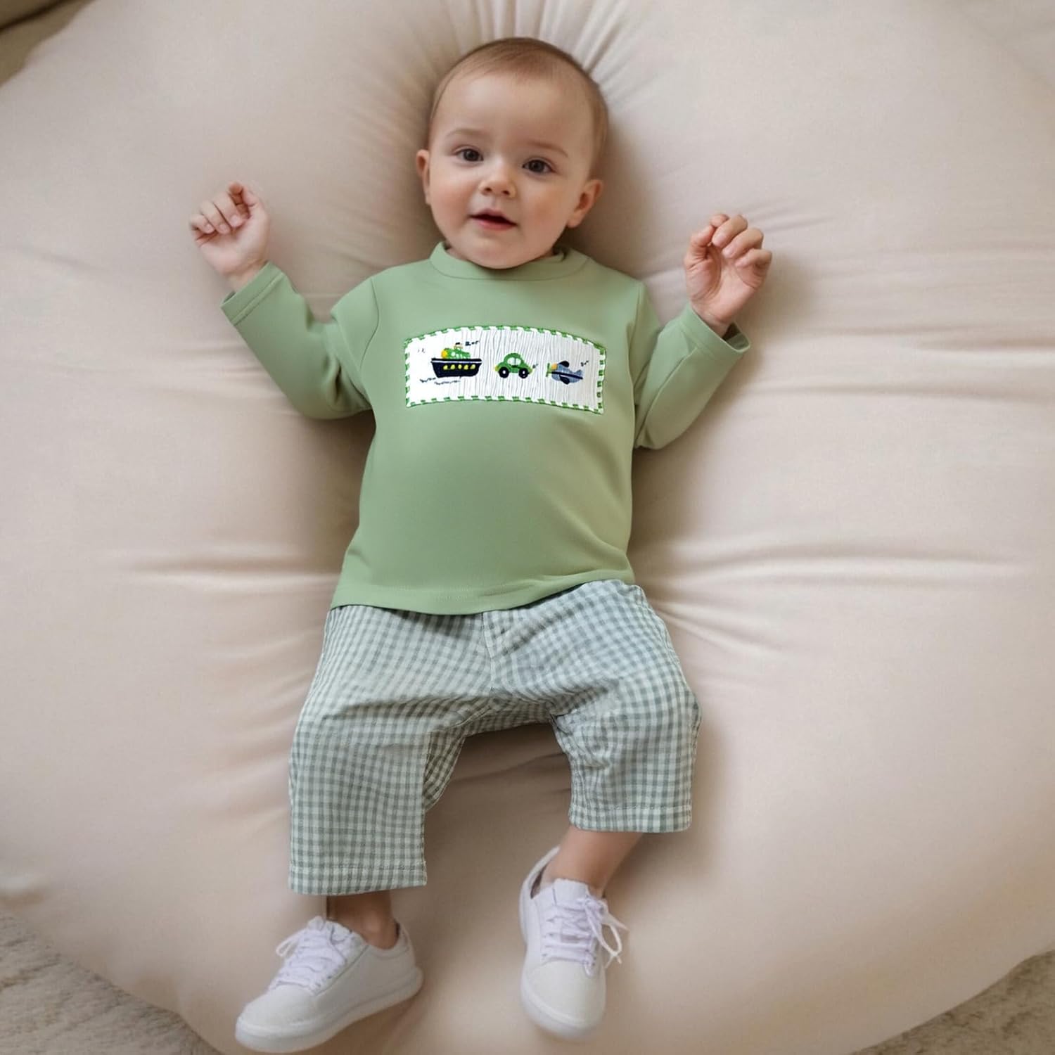 Toddler Baby Boy Fall Outfit Airplane/Boat Smocked Long Sleeve T-Shirt Tops Plaid Pants Set Pilot Planet Clothes - Image 2