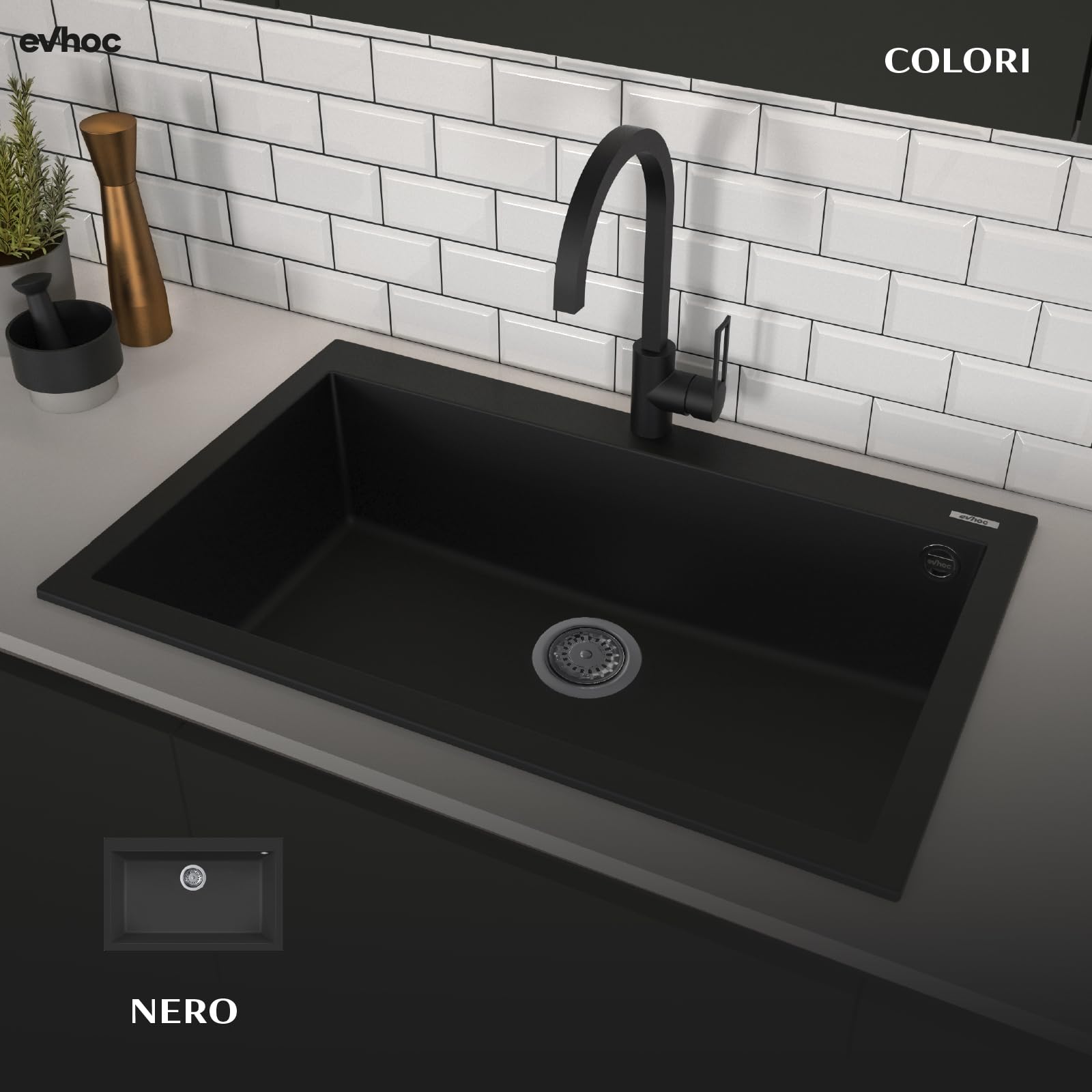 EVHOC Lavello Cucina Sopratop 1 Vasca 79x50 cm, Nero, NHEO L