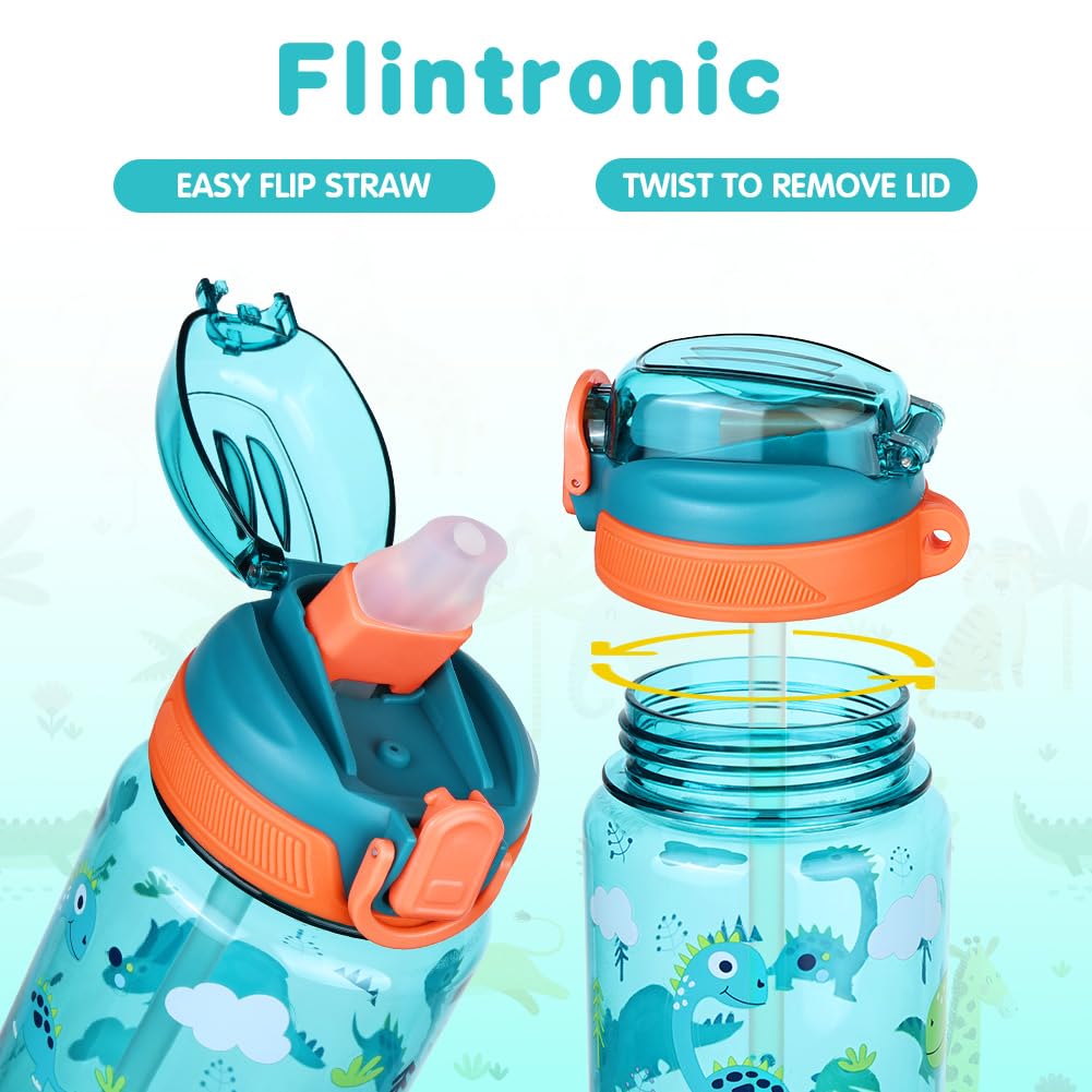 Flintronic 600ML Gourde Enfant avec Paille, Bouteille Enfant avec Poignée, Anti-Fuite, sans BPA Tritan pour l'école Sport (Vert-Dinosaures)