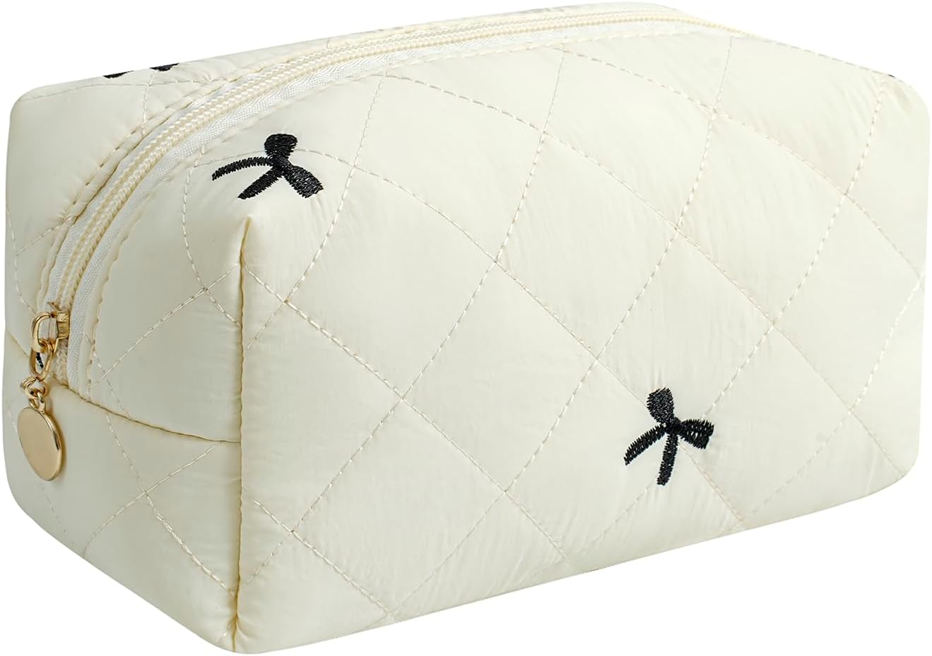 Gleyemor Small Quilted Makeup Bag for Women, Cute Floral Bow Cosmetic Bag, Emergency Bag Travel Toiletry Cotton Pouch Gifts for Girls Her Mom Friend Sister Bridesmaid (Small Pink Bowknot)