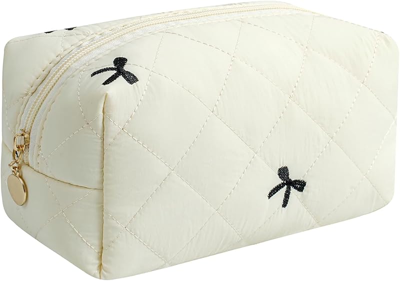 Necessaire de maquiagem Gleyemor em algodão com estampa floral e laço branco e preto