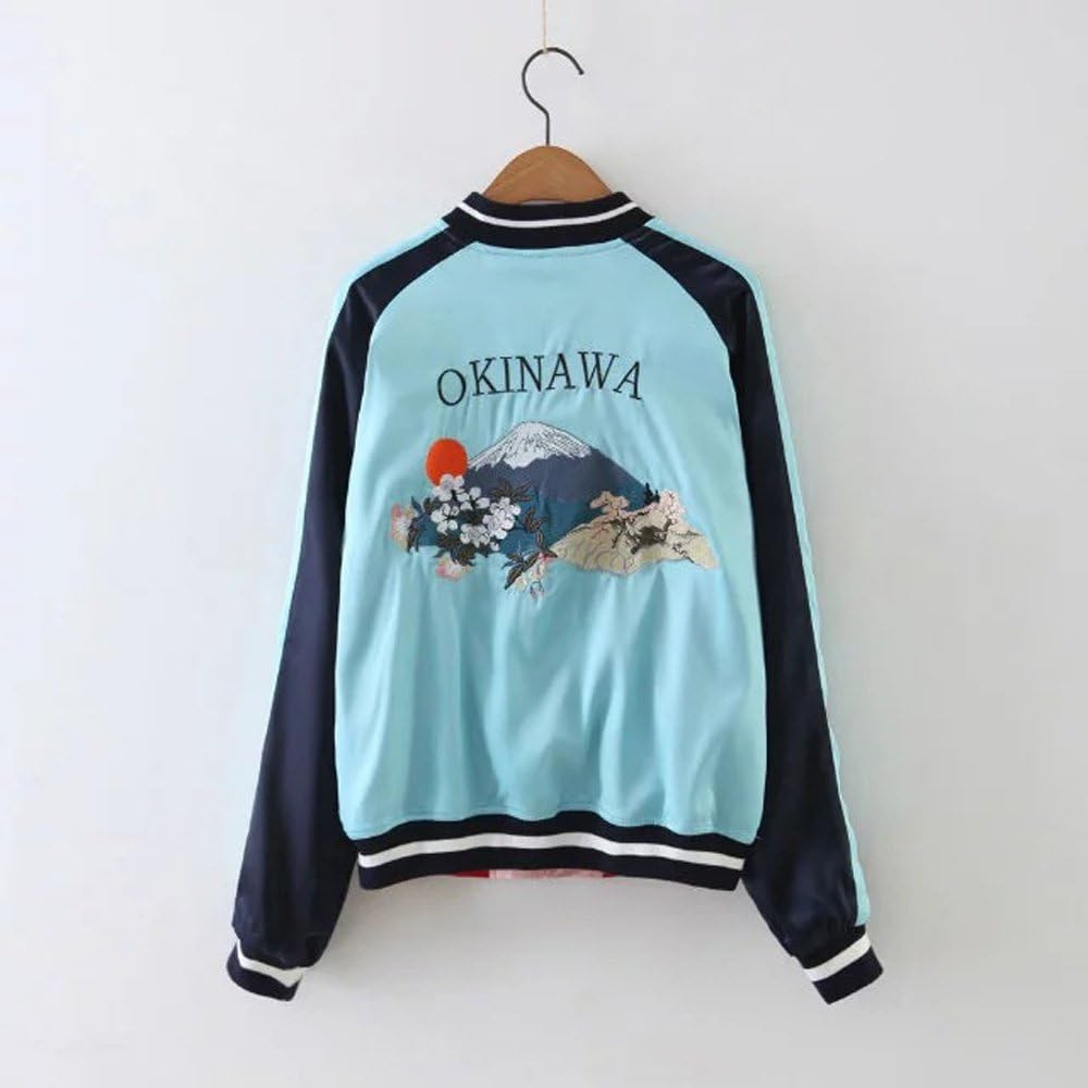 Women's Reversible Crane Tiger Fujiyama Embroidery Bomber Jacket Japanese Style Pink Blue - Image 6