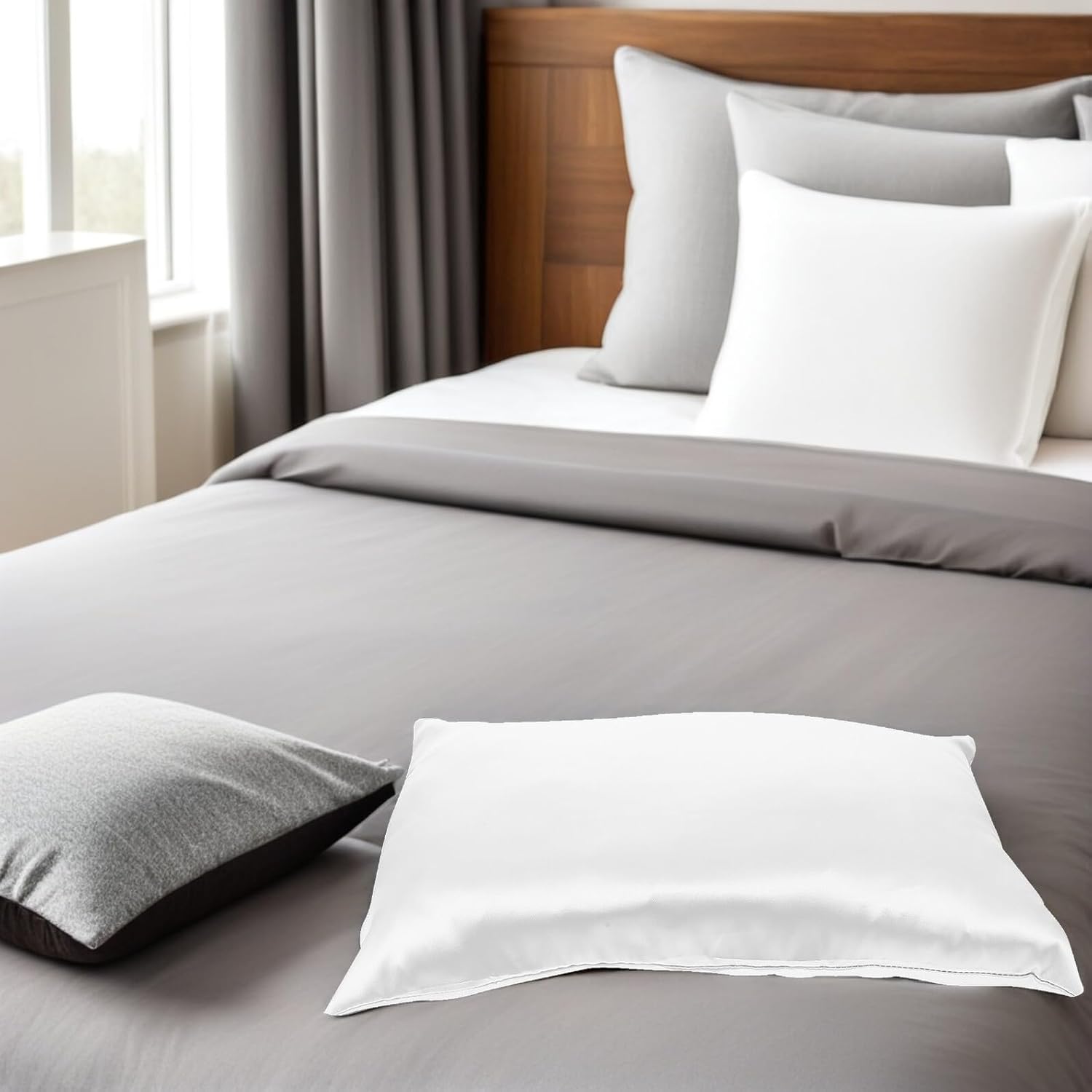 Tofficu Satin Pillowcase with Zipper Closure, 14" X 19" Faux Silk Pillow Cover, Smooth Hair Protection Travel Pillowcase for Boys, White